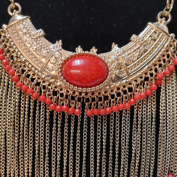 Egipcian Empress Bohemian Tribal Bib Coral color stone Necklace & Earrings Gold - Picture 3 of 4